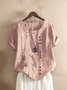 Women Crew Neck Plus Size Floral Buttoned Roll Up Short Sleeve Blouse