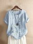 Women Crew Neck Plus Size Floral Buttoned Roll Up Short Sleeve Blouse