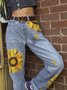 Plus Size Sunflower Print Women Denim Jeans Jeans
