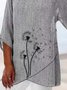 Women Loose Linen V Neck Asymmetric Hem Floral Print Short Sleeve Tunic Top