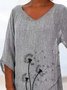 Women Loose Linen V Neck Asymmetric Hem Floral Print Short Sleeve Tunic Top