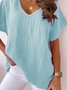 Summer Loose Short Sleeve V Neck Casual Plain Blue Linen Top