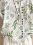 Casual Crew Neck Leaves Buttoned Short Sleeve Blouse