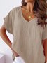 Casual V Neck Cotton Loosen Short Sleeve Khaki Linen T-shirt