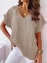 Casual V Neck Cotton Loose Short Sleeve Khaki Linen T-shirt