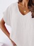 V Neck Casual Plain Summer Loose Short Sleeve White Linen Top