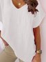 V Neck Casual Plain Summer Loose Short Sleeve White Linen Top