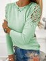 Women Plain Hollow Out Lace Crew Neck Long Sleeve Top