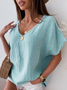 Summer Loose Short Sleeve V Neck Casual Plain Blue Linen Top