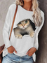 Cat Printed Crew Neck Shift Long Sleeve Shirts & Tops