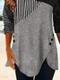 Women Color Block Stripe Asymmetrical Button Hem Long Sleeve Tunic