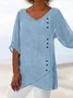 Women Loose V Neck Button Asymmetric Hem Solid 3/4 Sleeve Tunic Top