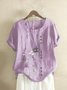 Women Crew Neck Plus Size Floral Buttoned Roll Up Short Sleeve Blouse