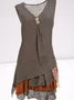 Casual V Neck Sleeveless Button Inslace Layered Ruffle Hem Khaki Summer Dress