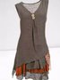 Casual V Neck Sleeveless Button Inslace Layered Ruffle Hem Khaki Summer Dress