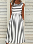 Women Casual Striped Sleeveless Crew Neck Pockets Summer Midi Tank Dress