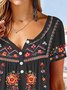 Mexican pattern holiday loose folk flower print half open button top T-shirt   tunic Plus Size