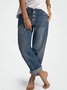 Women Casual Pockets Buttoned Jeans Blue Denim Pants