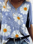 Cotton-Blend V Neck Floral T-Shirt