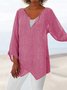 Women Loose Linen V Neck Asymmetric Hem Solid Summer Blouse Tunic Top