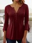 V Neck Buttoned Casual Plain Three Quarter Sleeve Ruched Tunic Top
