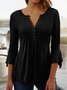 V Neck Buttoned Casual Plain Three Quarter Sleeve Ruched Tunic Top