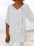 Women Loose V Neck Button Asymmetric Hem Solid 3/4 Sleeve Tunic Top