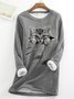 Women Casual Crew Neck Fun Cat Winter Warm Fleece Lined Pullover Sweatshirt