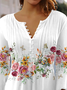 Women Casual Floral Flowy Three Quarter Sleeve Ruched V Neck Buttoned Tunic Top