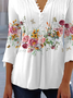 Women Casual Floral Flowy Three Quarter Sleeve Ruched V Neck Buttoned Tunic Top