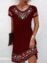 Vacation V Neck Floral Ethnic Crew Neck Short Sleeve Dress