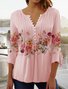 Women Casual Floral Flowy Three Quarter Sleeve Ruched V Neck Buttoned Tunic Top