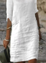 Women Plain Casual Half Open Collar Button Half Sleeve Cotton and Linen Dress