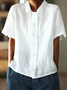 Women Loose Button Down Plain Cotton Linen Short Sleeve Blouse