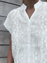Women White Floral Lace V Neck Loose Cotton And Linen Tunic Top