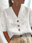 Women Elegant Plain Cotton Linen Floral Lace Lapel Button Down V Neck Short Sleeve Blouse