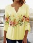 Women Casual Floral Flowy Three Quarter Sleeve Ruched V Neck Buttoned Tunic Top