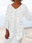 Women Elegant White Floral Lace V Neck Asymmetric Hem Long sleeve Tunic Top