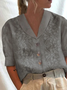 Women Elegant Plain Cotton Linen Floral Lace Lapel Button Down V Neck Short Sleeve Blouse