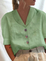 Women Plain Elegant Button Down Collar Loose Short Sleeve Cotton Linen Blouse