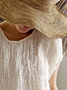 Women Casual White Crew Neck Linen Breathable Short Sleeve Summer T-shirt