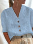 Women Elegant Plain Cotton Linen Floral Lace Lapel Button Down V Neck Short Sleeve Blouse