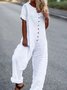 Women Loose Plain Crew Neck Casual Short Sleeve Loose Wide Leg Button Jumpsuit