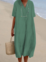 Women Summer Vacation V Neck Pockets Loose Plain Cotton And Linen Short sleeve Dress