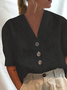 Women Elegant Plain Cotton Linen Floral Lace Lapel Button Down V Neck Short Sleeve Blouse