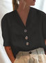 Women Plain Elegant Button Down Collar Loose Short Sleeve Cotton Linen Blouse