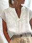 Women Plain Summer Loose V Neck Bow Short Sleeve Cotton And Linen Top