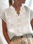 Women Elegant Ruffled Trim V Neck Cotton and Linen Summer Short Sleeve Blouse