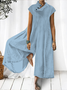 Women Plain Half Open Collar Button Cotton Linen Jumpsuit