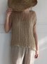 Women Casual Crew Neck Khaki Linen Breathable Short Sleeve Summer T-shirt